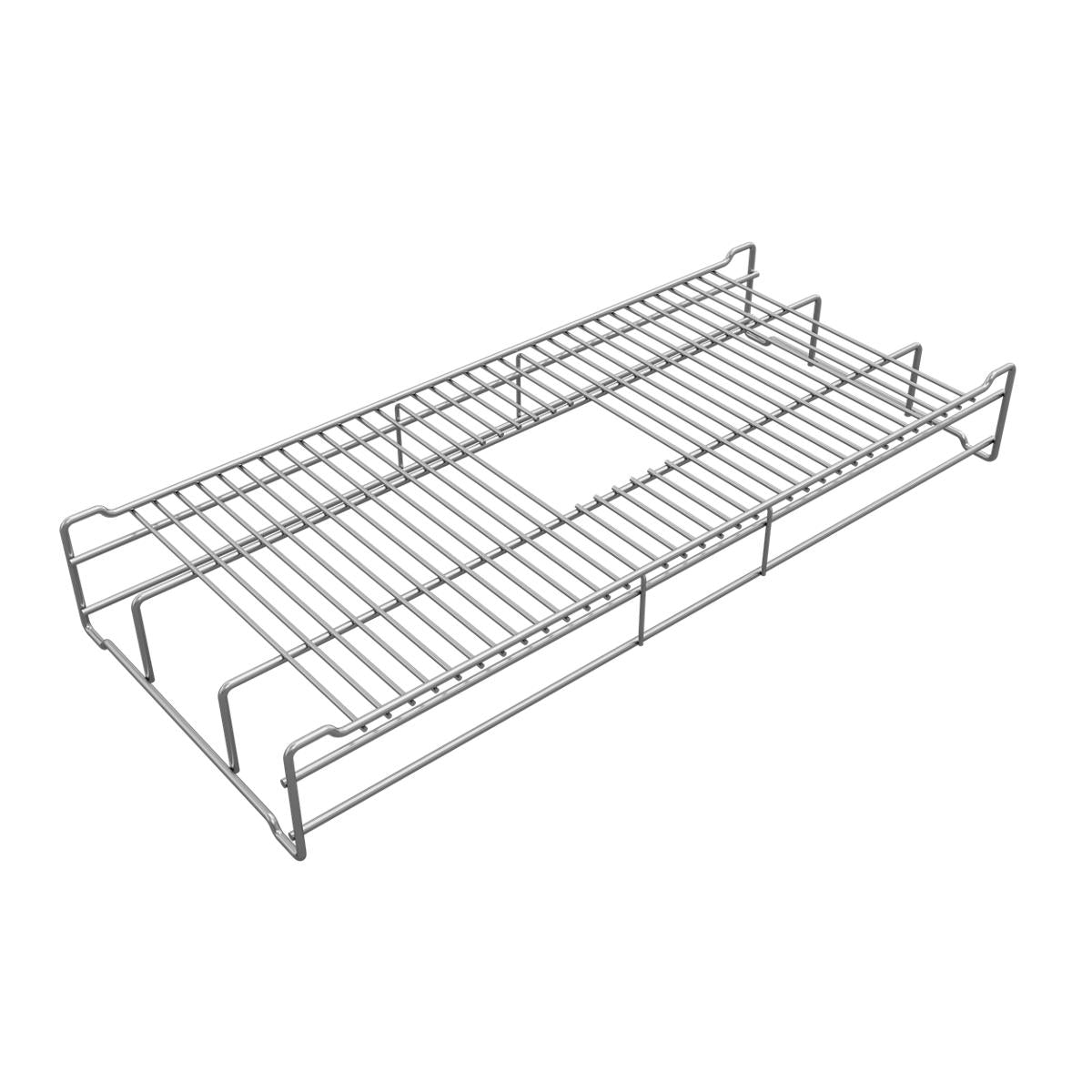 Stainless steel sink grid with parallel slats and raised handles on both ends, reversible design for different sink configura