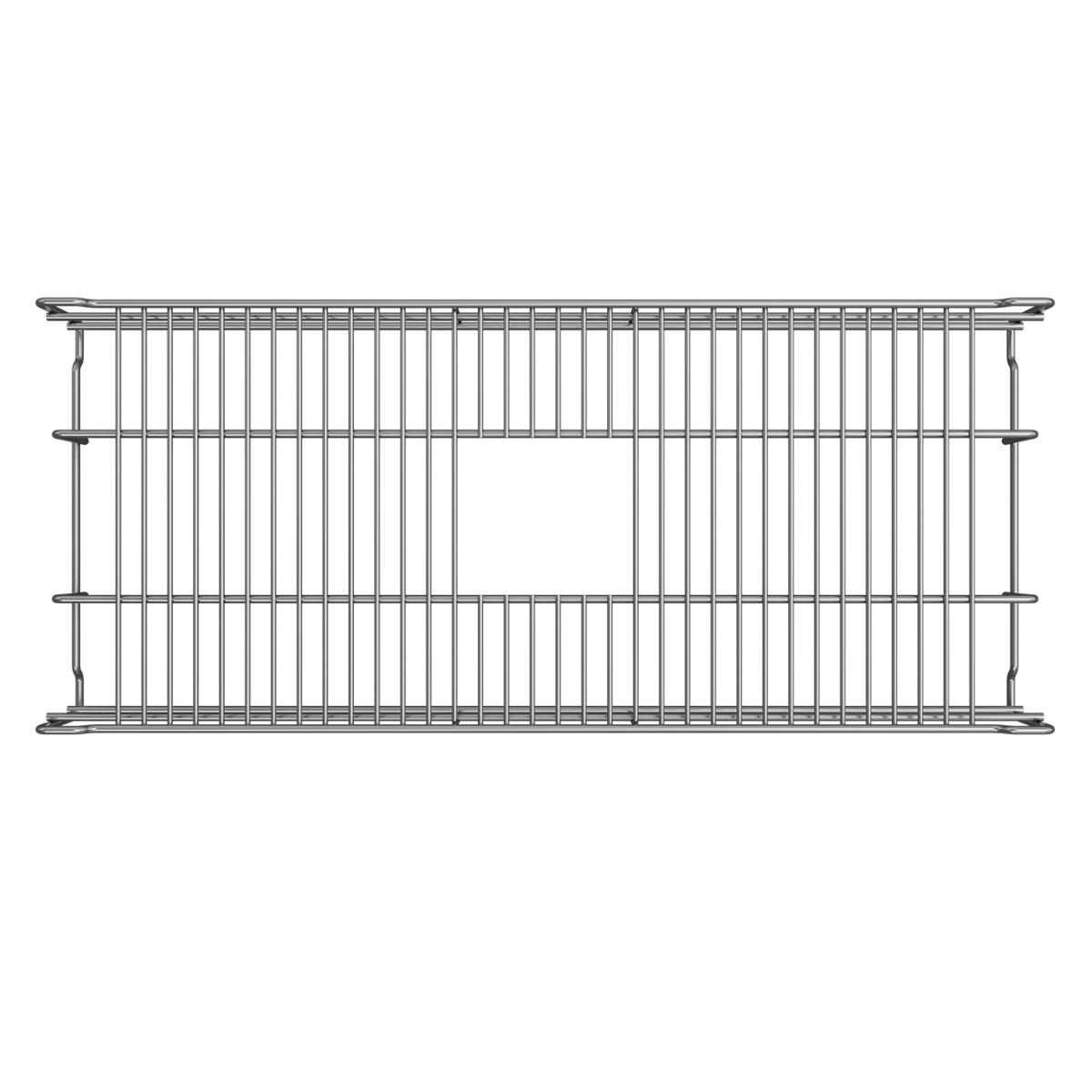 Stainless steel sink bottom grid with vertical bars and rectangular center opening.