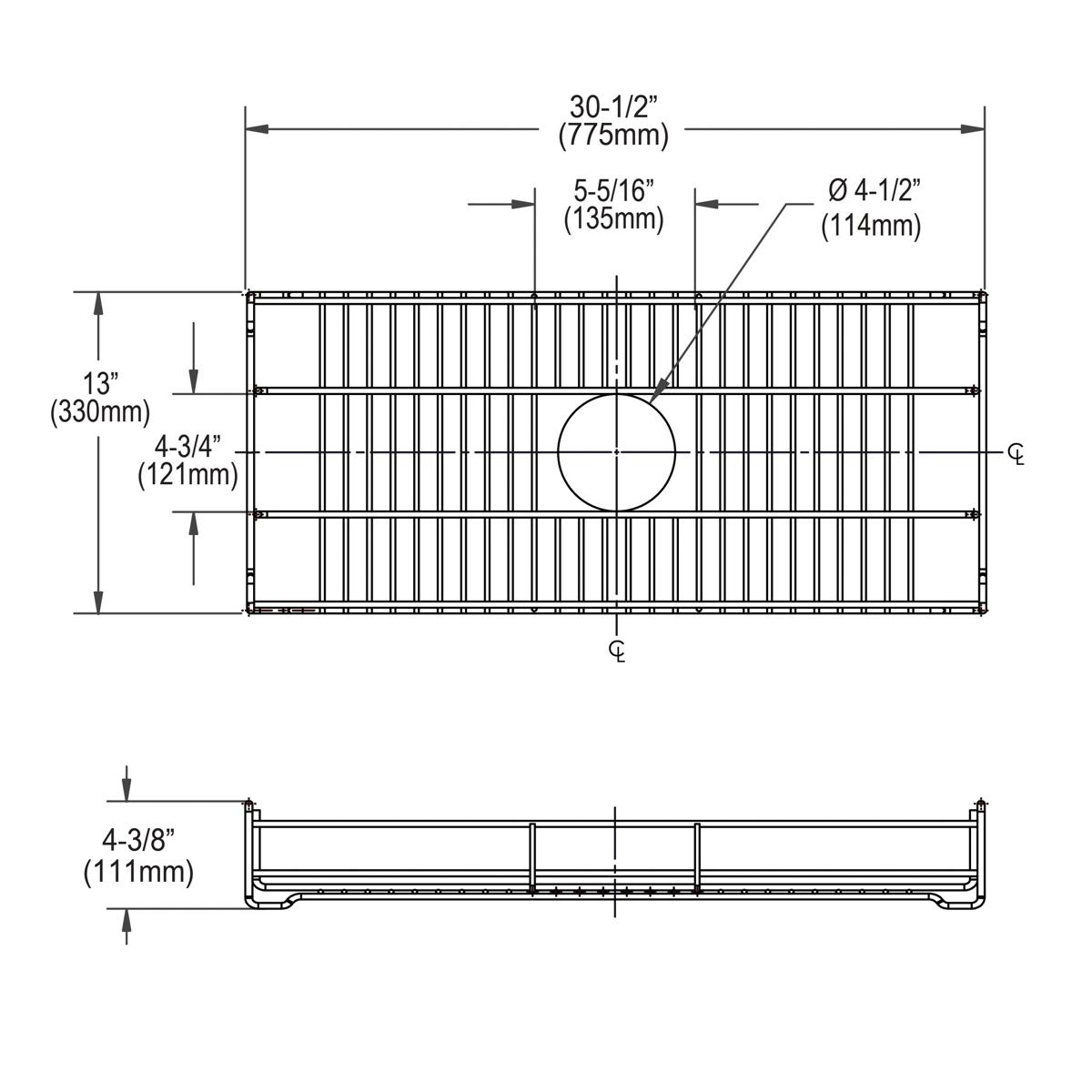 Stainless steel sink grid with vertical slats and center drain hole, shown in top and side views with dimensions labeled.