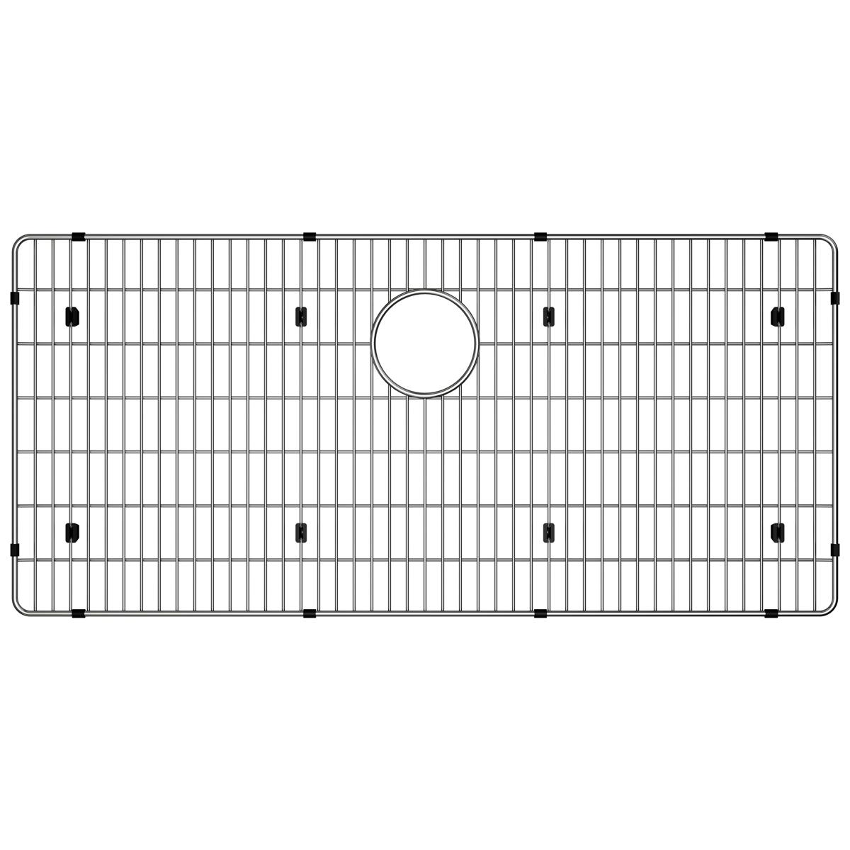 Stainless steel sink bottom grid with vertical slats, center drain hole, and corner mounting feet.