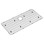 Stainless steel sink grid with parallel wire construction, circular drain opening, and rubber feet on underside.