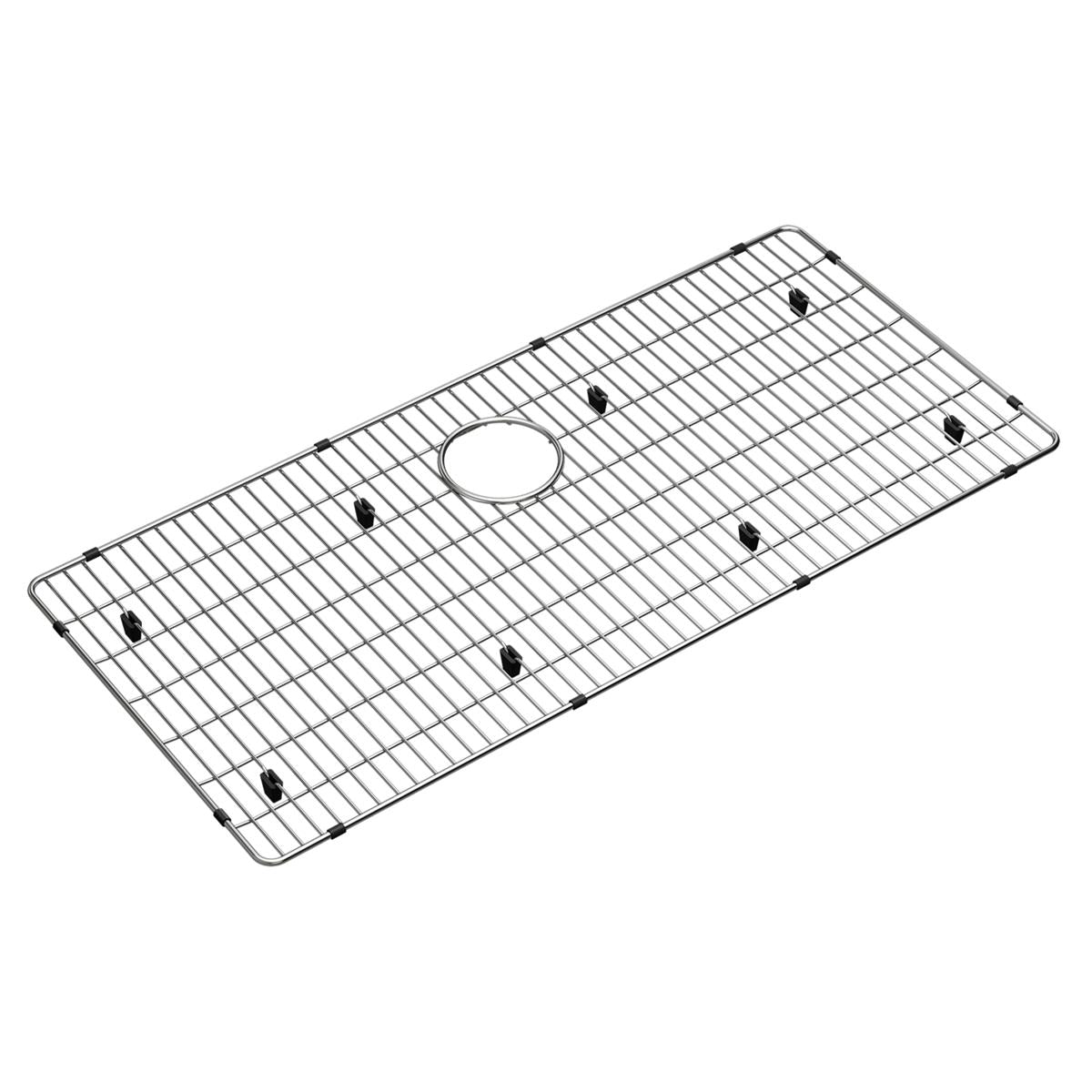 Stainless steel sink grid with parallel wire construction, circular drain opening, and rubber feet on underside.