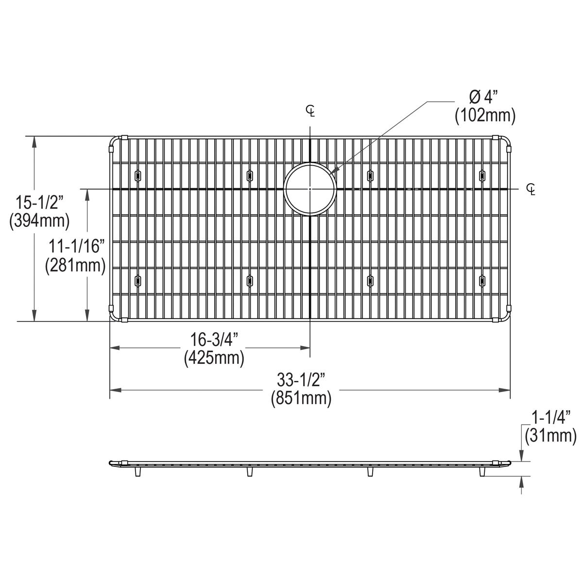 Stainless steel sink bottom grid with parallel slat pattern, center drain hole, and mounting feet, shown in top and side view