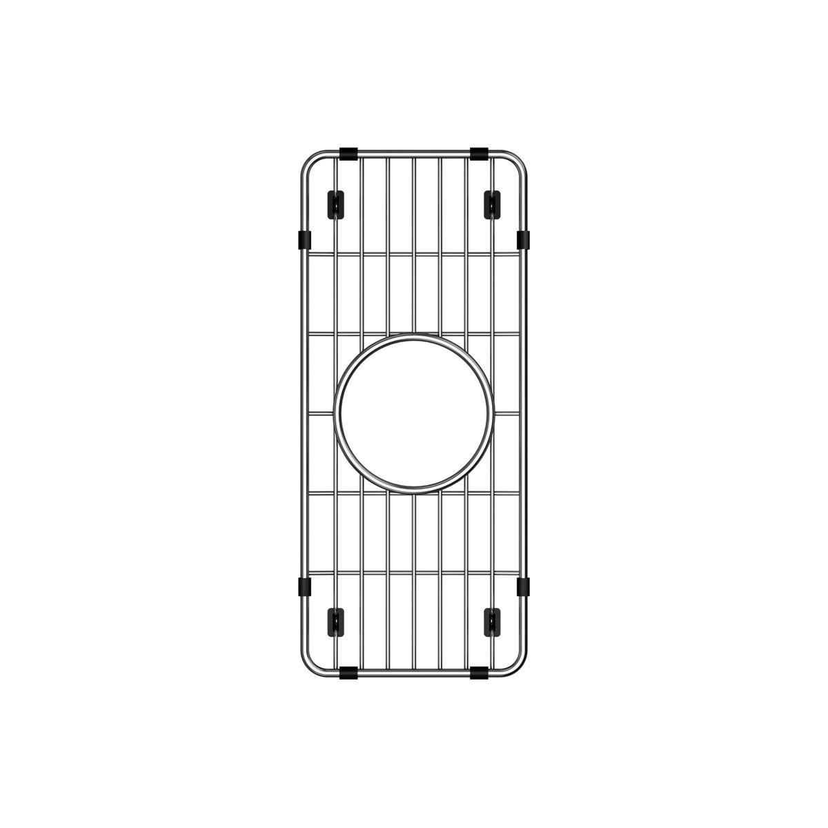 Stainless steel sink grid with vertical bars, circular drain opening, and black rubber corner feet.