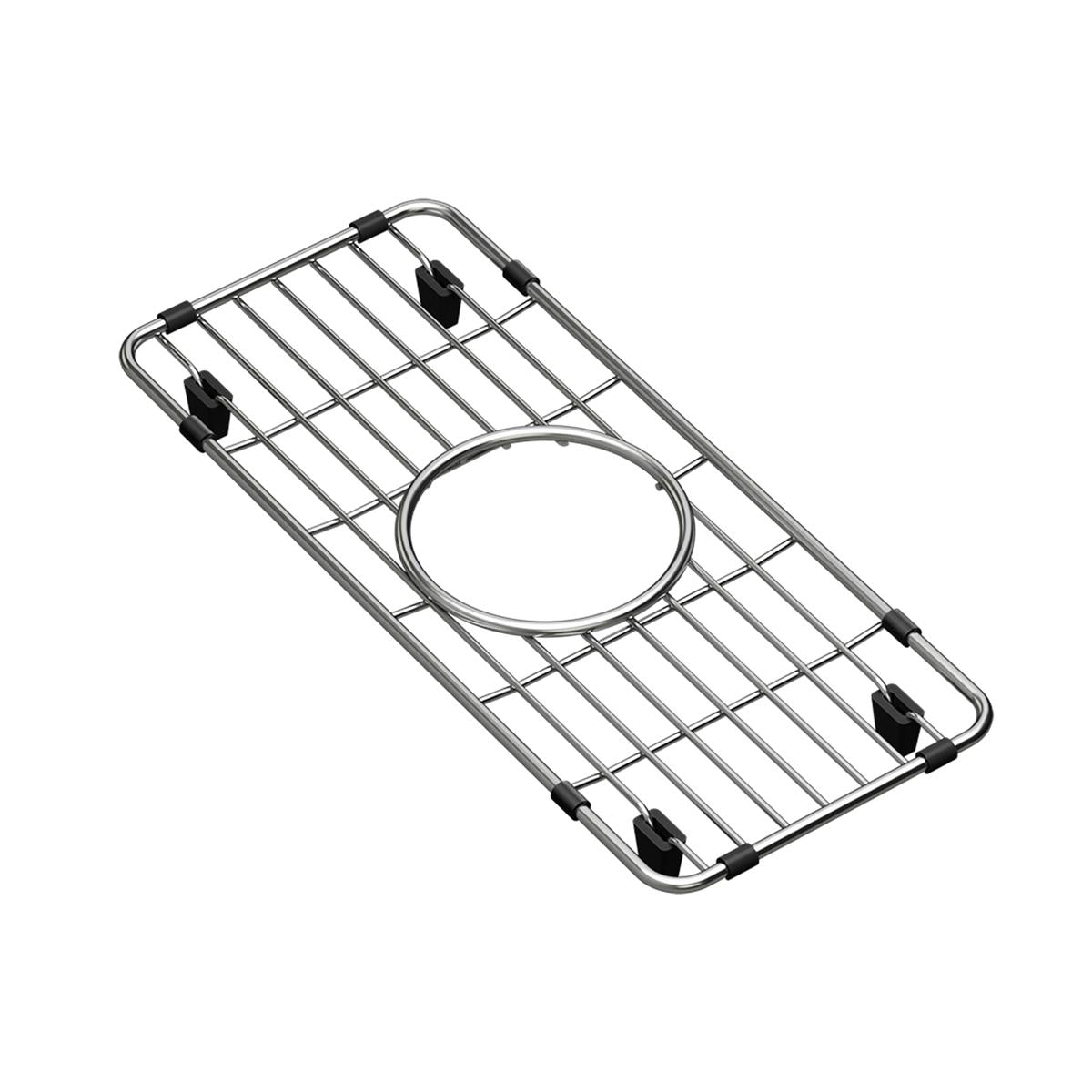 Stainless steel sink grid with parallel bars, center drain opening, and four black rubber feet on corners.