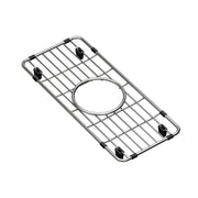 Stainless steel sink grid with parallel bars, center drain opening, and four black rubber feet on corners.