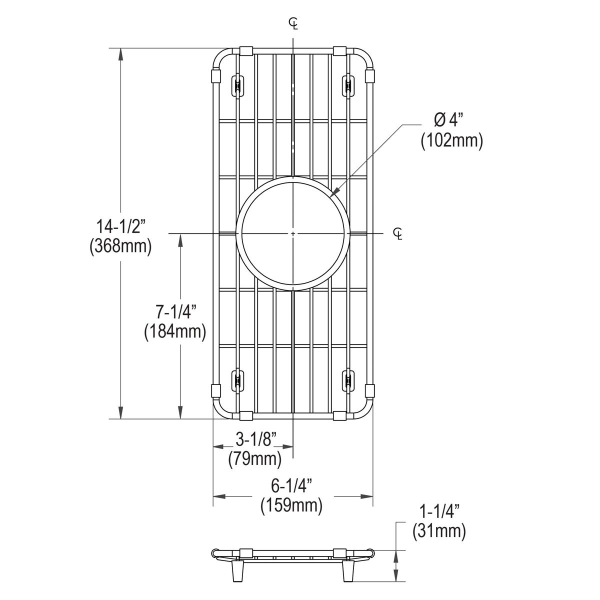 Stainless steel sink grid with vertical slats, circular drain opening, and corner feet, shown in top and side views with dime