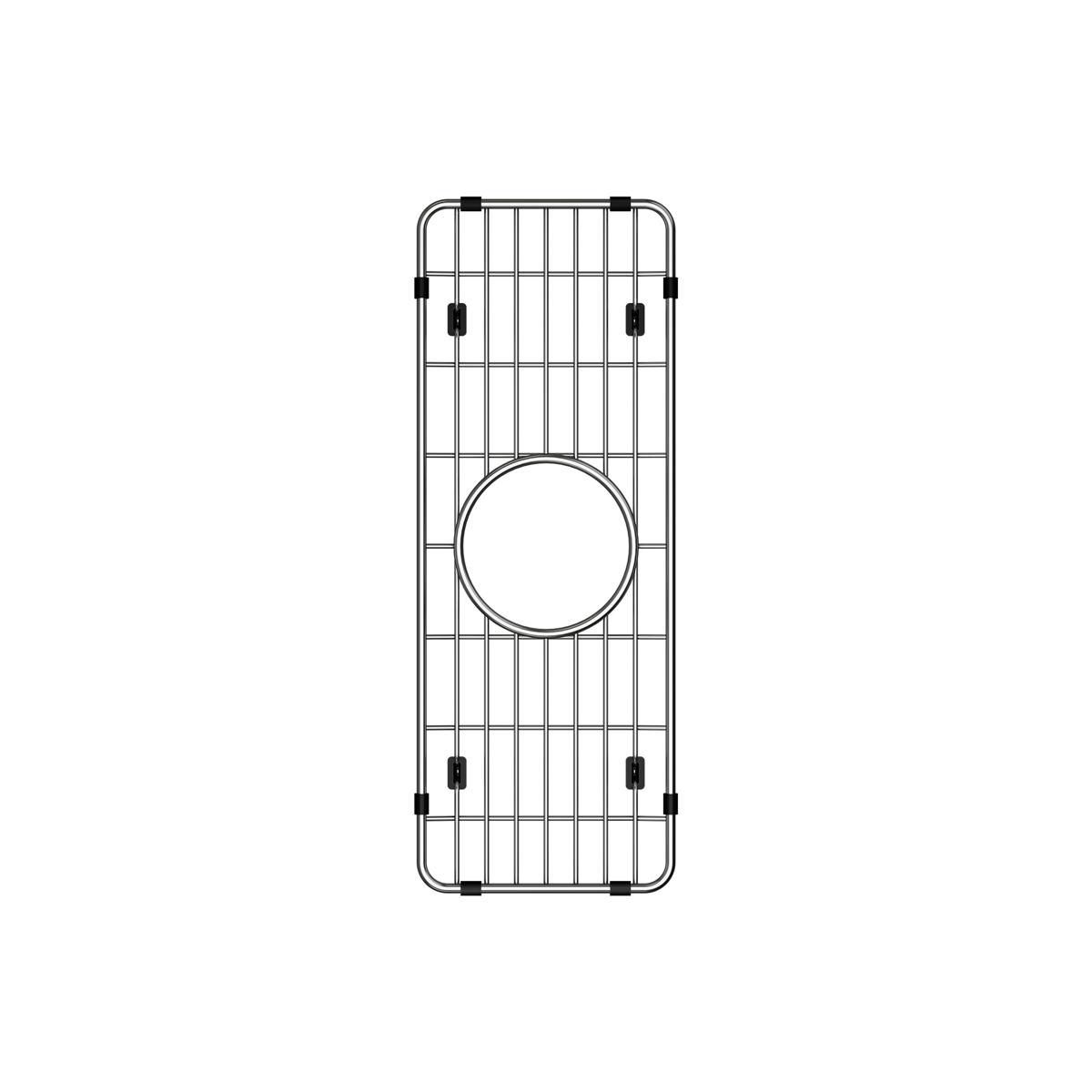 Stainless steel sink grid with vertical wire bars and circular drain opening in center, black rubber feet at corners.