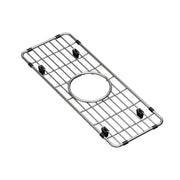 Stainless steel sink grid with parallel wire bars, circular drain opening, and black rubber feet for stability.