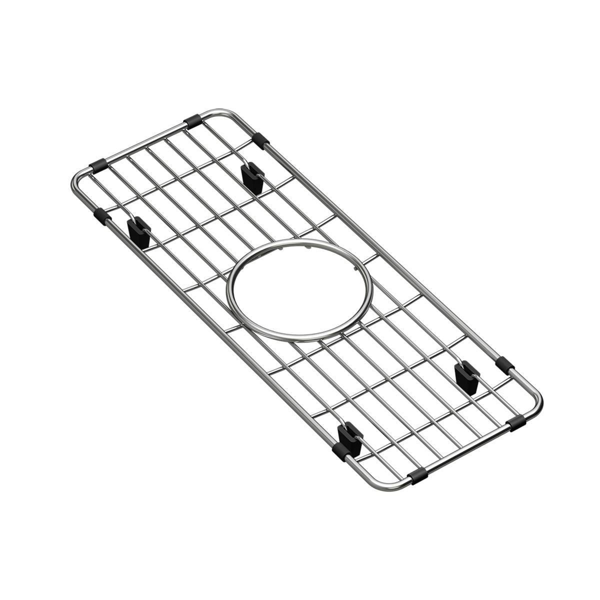 Stainless steel sink grid with parallel wire bars, circular drain opening, and black rubber feet for stability.