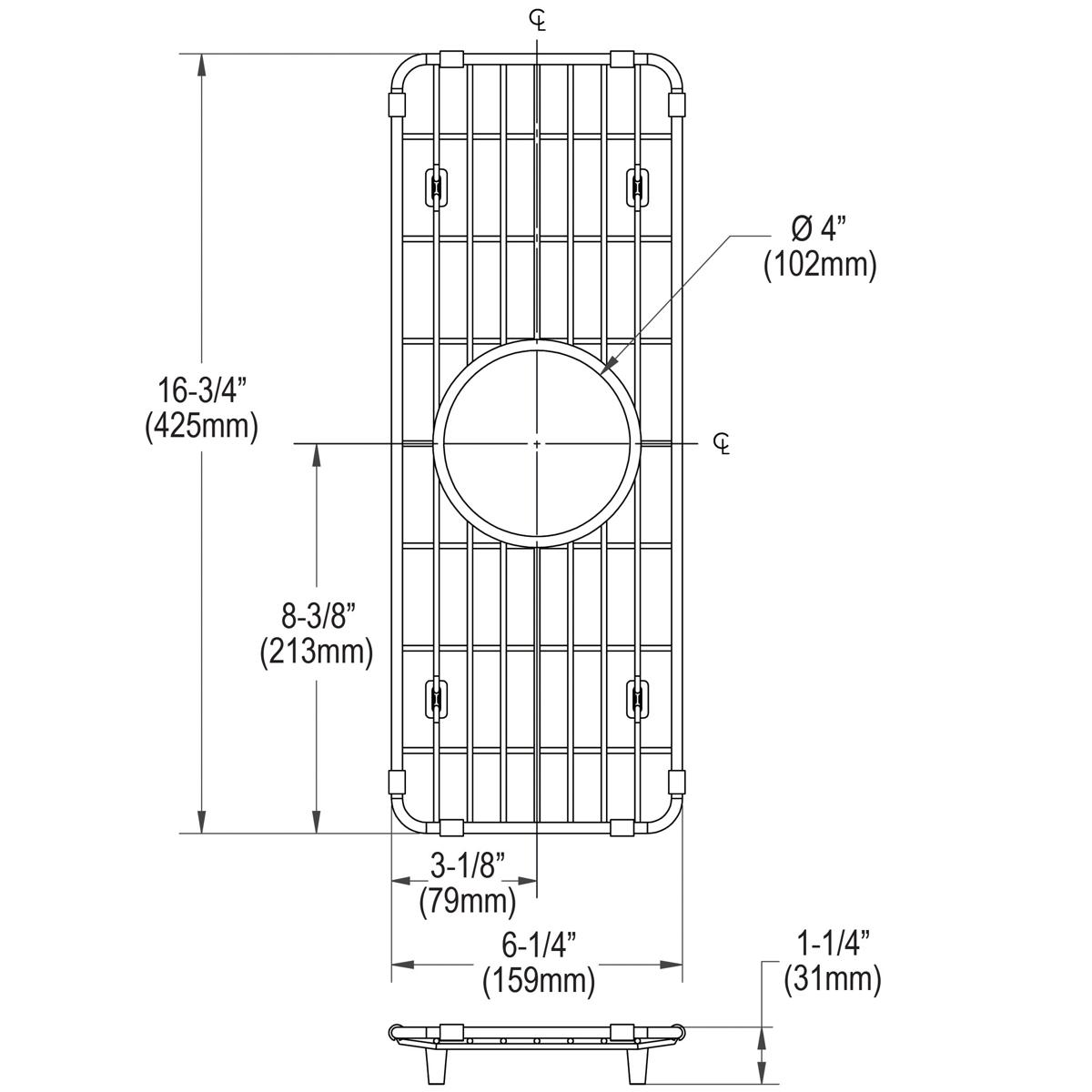 Stainless steel sink bottom grid with vertical bars, circular drain opening, and mounting feet, shown in top and side view te