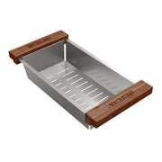 Stainless steel colander with perforated bottom and wooden side rails.