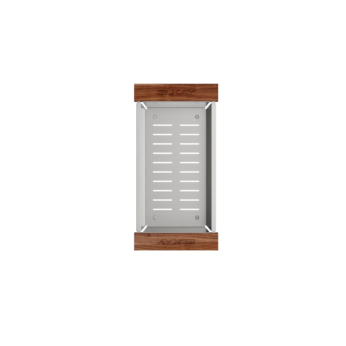 Stainless steel colander with slotted drainage pattern and wood trim on top and bottom edges.