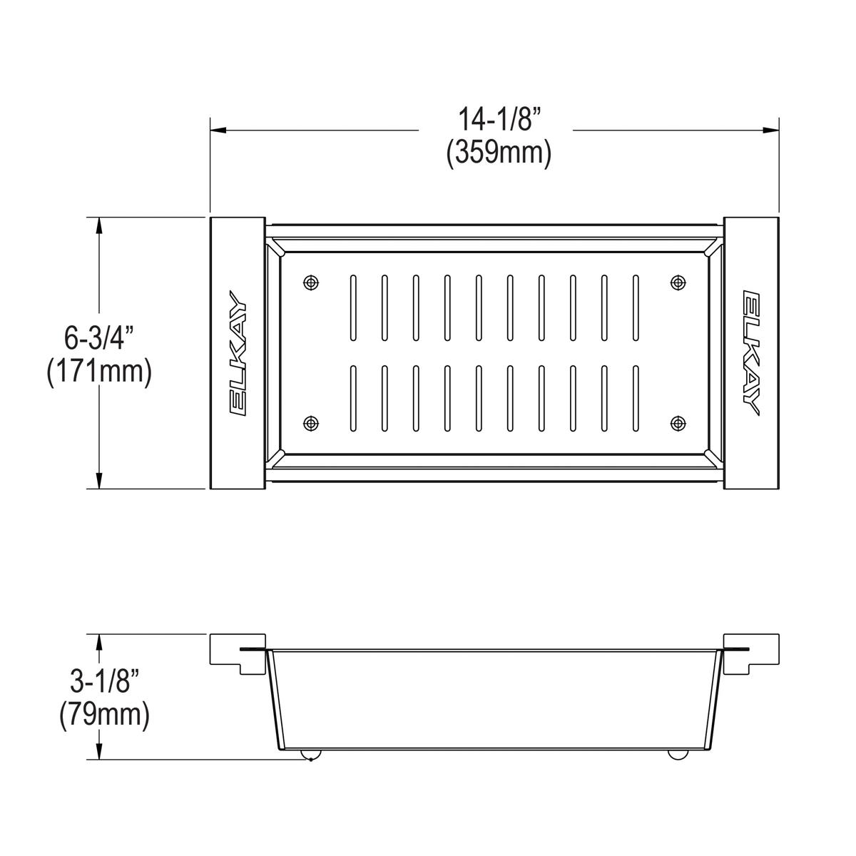 Stainless steel rectangular colander with slotted straining surface and side handles, top and side view technical drawing wit