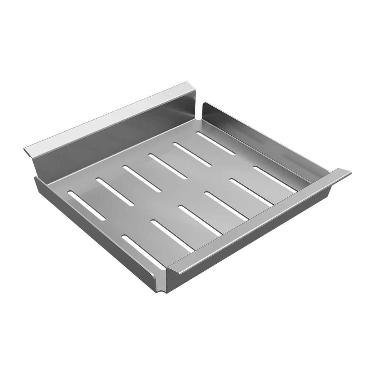 Stainless steel rectangular drain cover with parallel slot openings and raised edges.