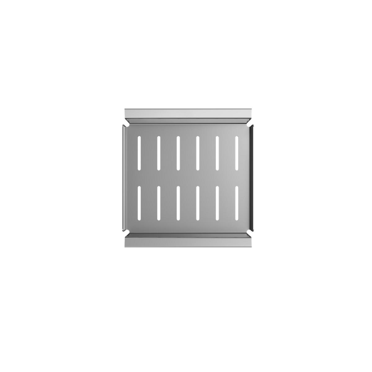 Stainless steel drain cover with rectangular grid pattern of vertical slots.