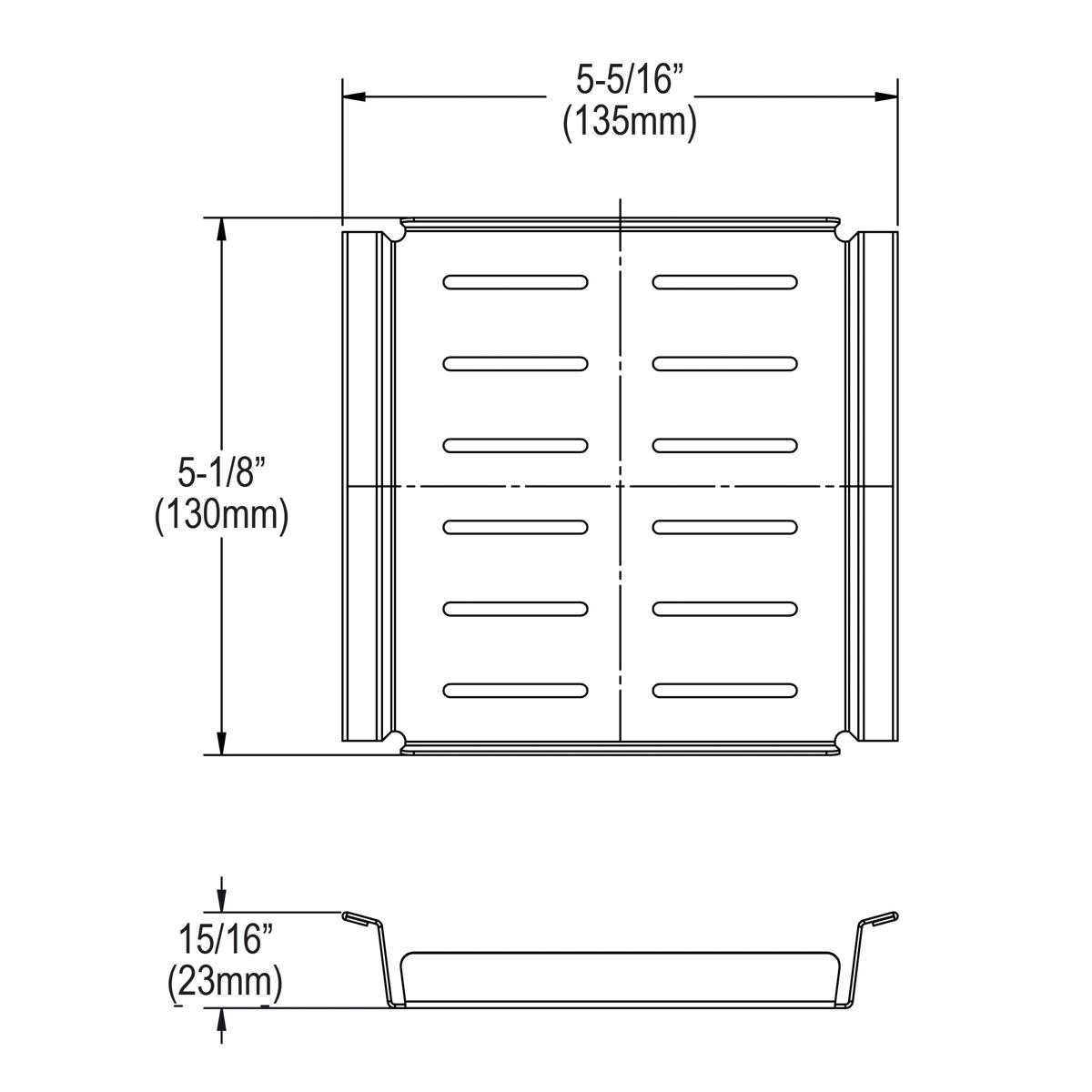 Stainless steel sink grid with rectangular slot pattern and side rails, shown in front and side view technical drawing.