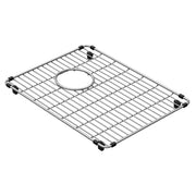 Stainless steel sink grid with parallel wire design, circular center opening, and black rubber feet at corners.