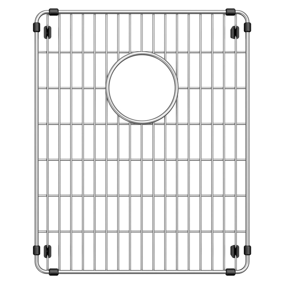 Stainless steel sink grid with vertical and horizontal wire pattern and circular drain opening, black corner stabilizers.
