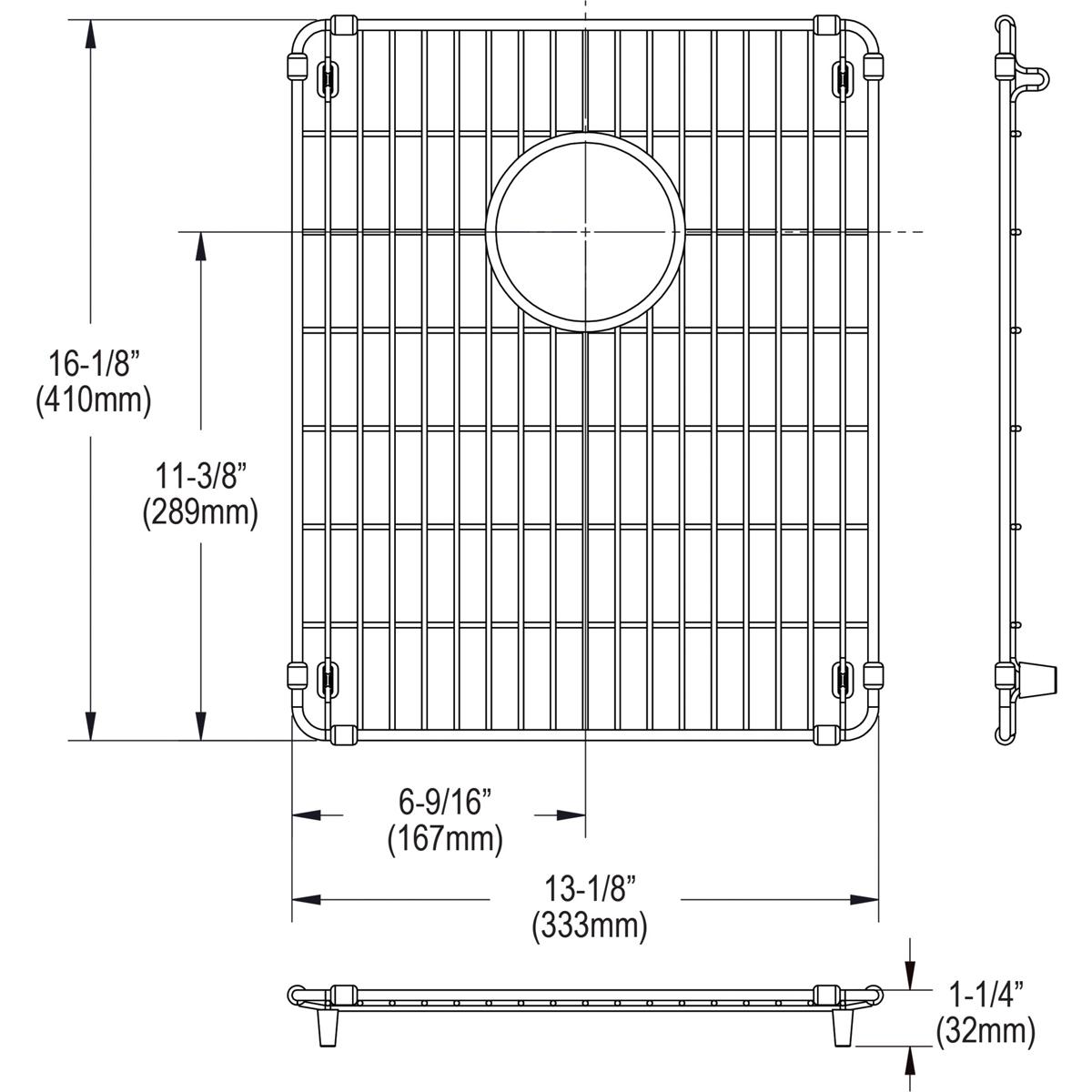 Stainless steel sink grid with vertical bars and circular drain opening, shown from top view and side profile.