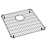 Stainless steel sink grid with parallel bars and center drain opening, featuring black rubber feet at corners.