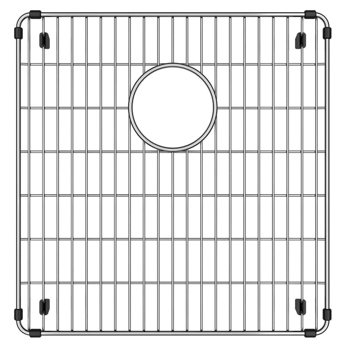 Stainless steel sink grid with vertical bars, circular drain opening in center, and black rubber corner feet.