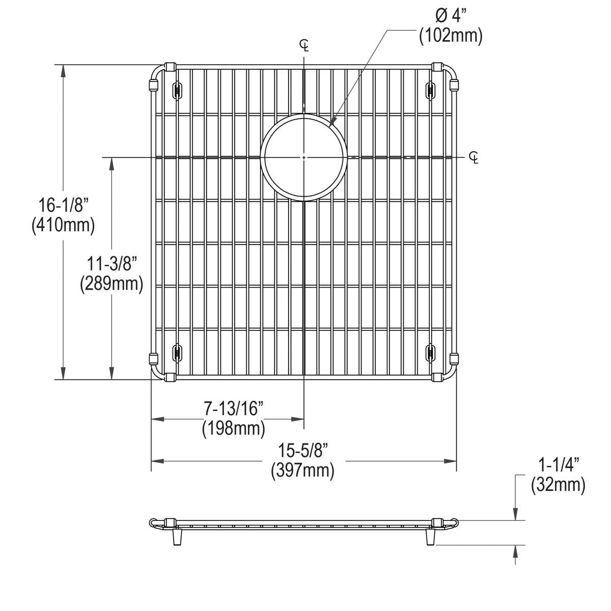 Stainless steel sink grid with vertical bars and circular drain opening, shown from top and side views with dimensions.