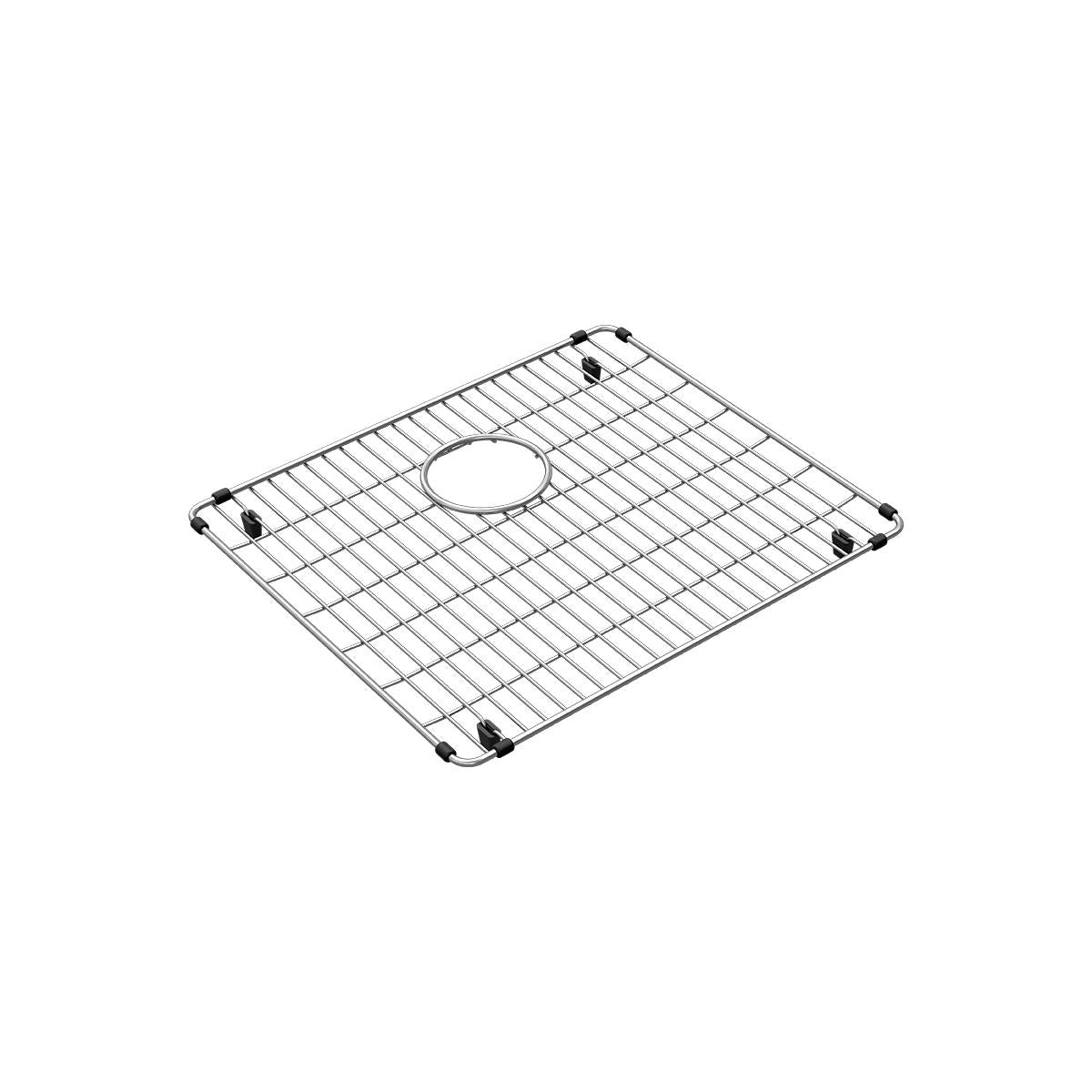 Stainless steel sink grid with parallel wire design, center drain opening, and rubber corner feet.