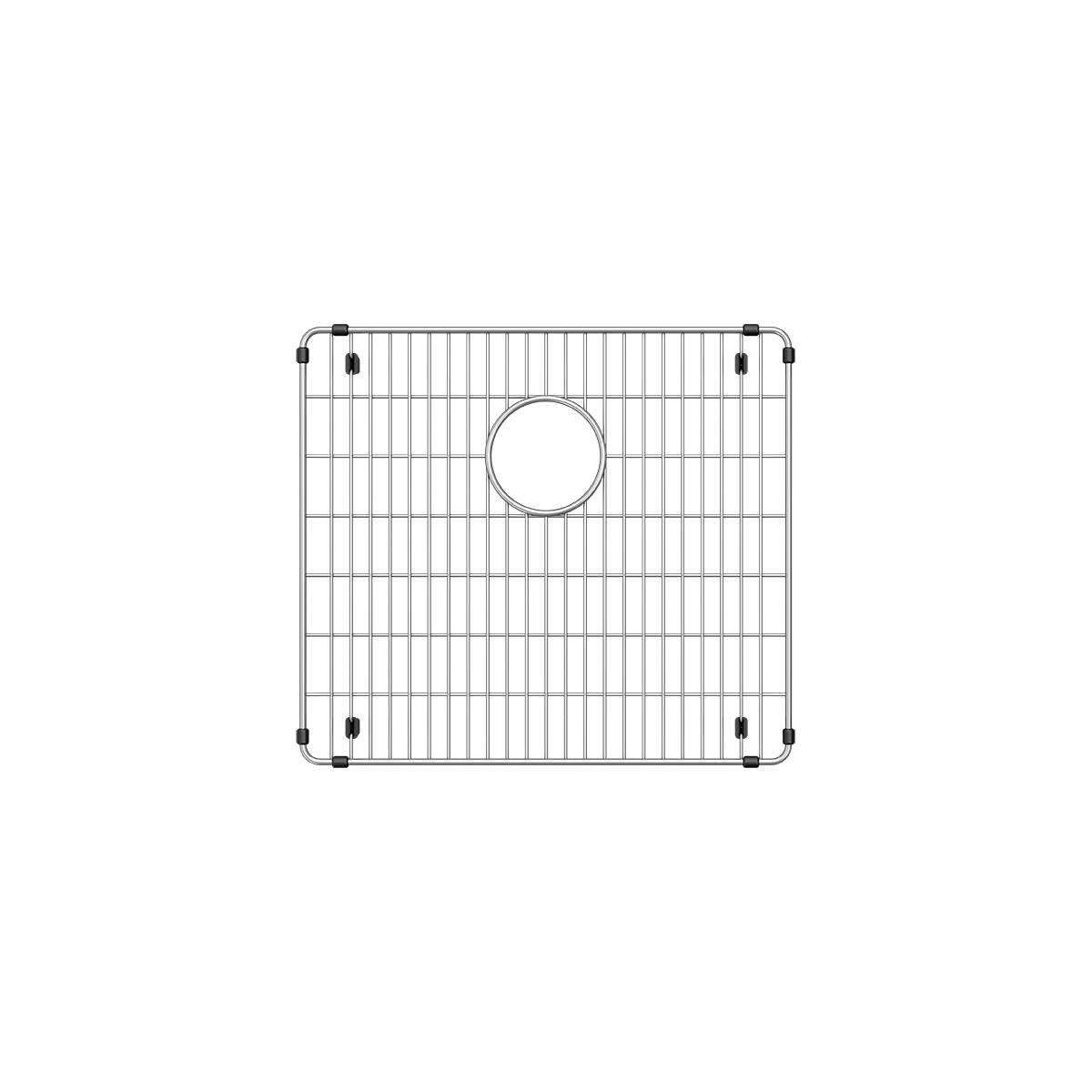 Stainless steel sink grid with vertical and horizontal wires, circular drain hole in center, and four corner mounting clips.