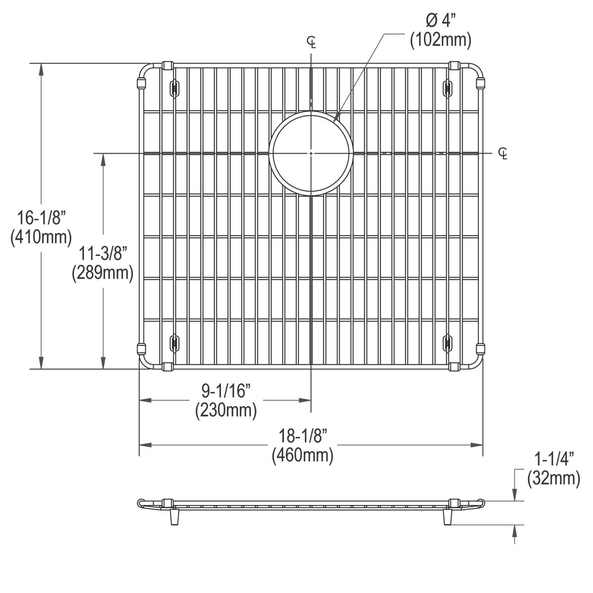 Stainless steel sink grid with parallel bars, center drain hole, and corner mounting feet.