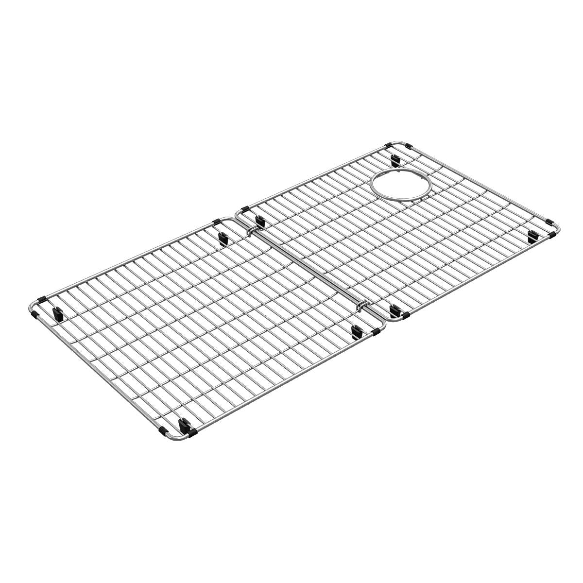 Stainless steel sink bottom grid with parallel wire bars, circular drain hole, and black rubber feet on corners.