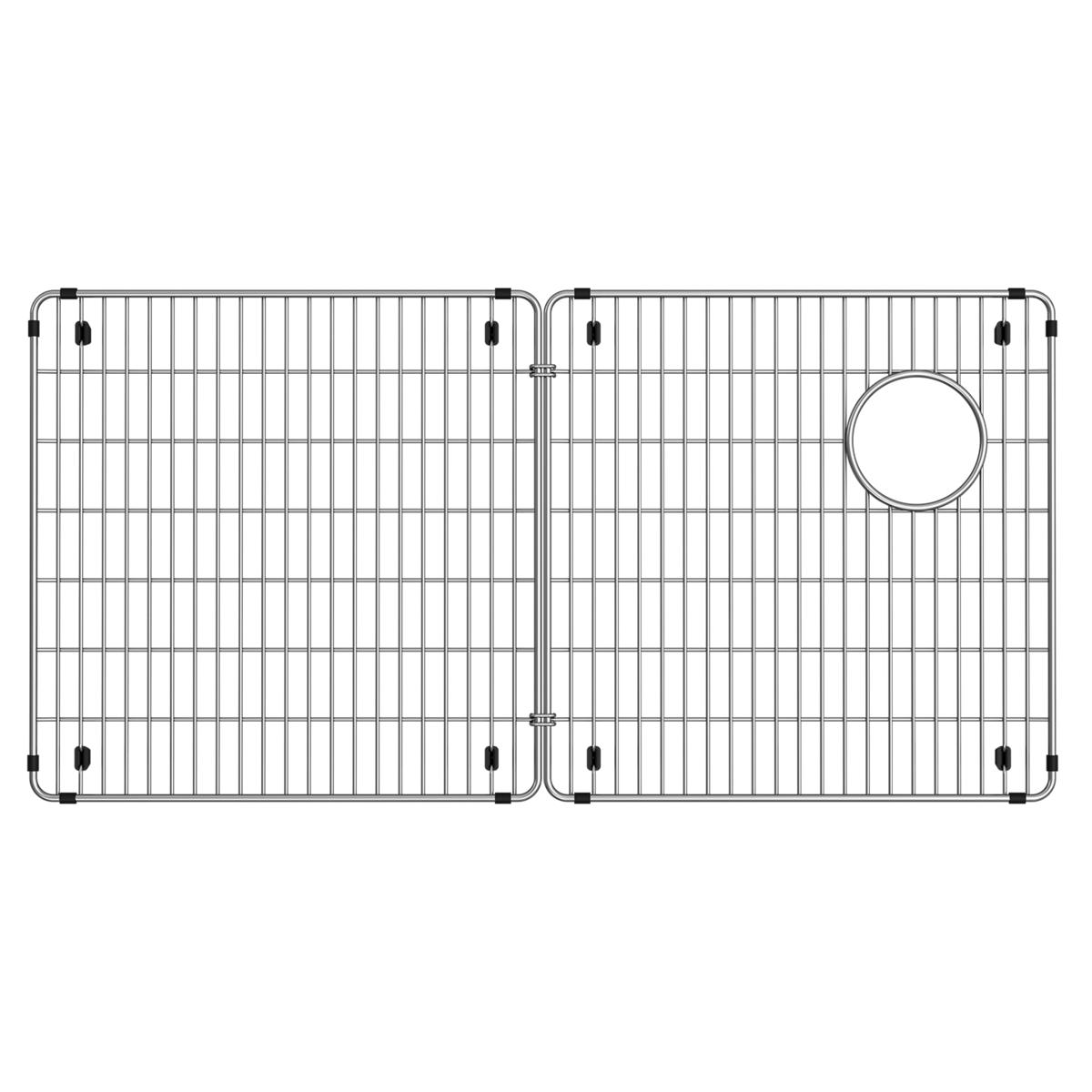 Stainless steel sink grid with vertical bars, rounded corners, black feet, and circular strainer hole on right section.