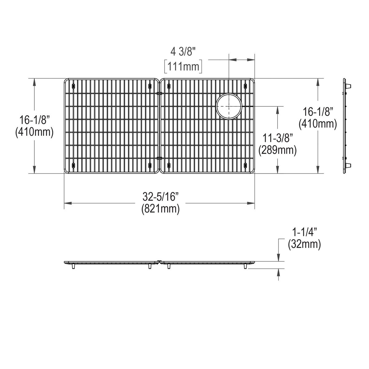 Stainless steel sink grid with parallel slat pattern, circular drain hole, and mounting feet shown in top and side views with