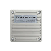 White square commercial steamroom alarm unit with horizontal louvers and four corner mounting screws.