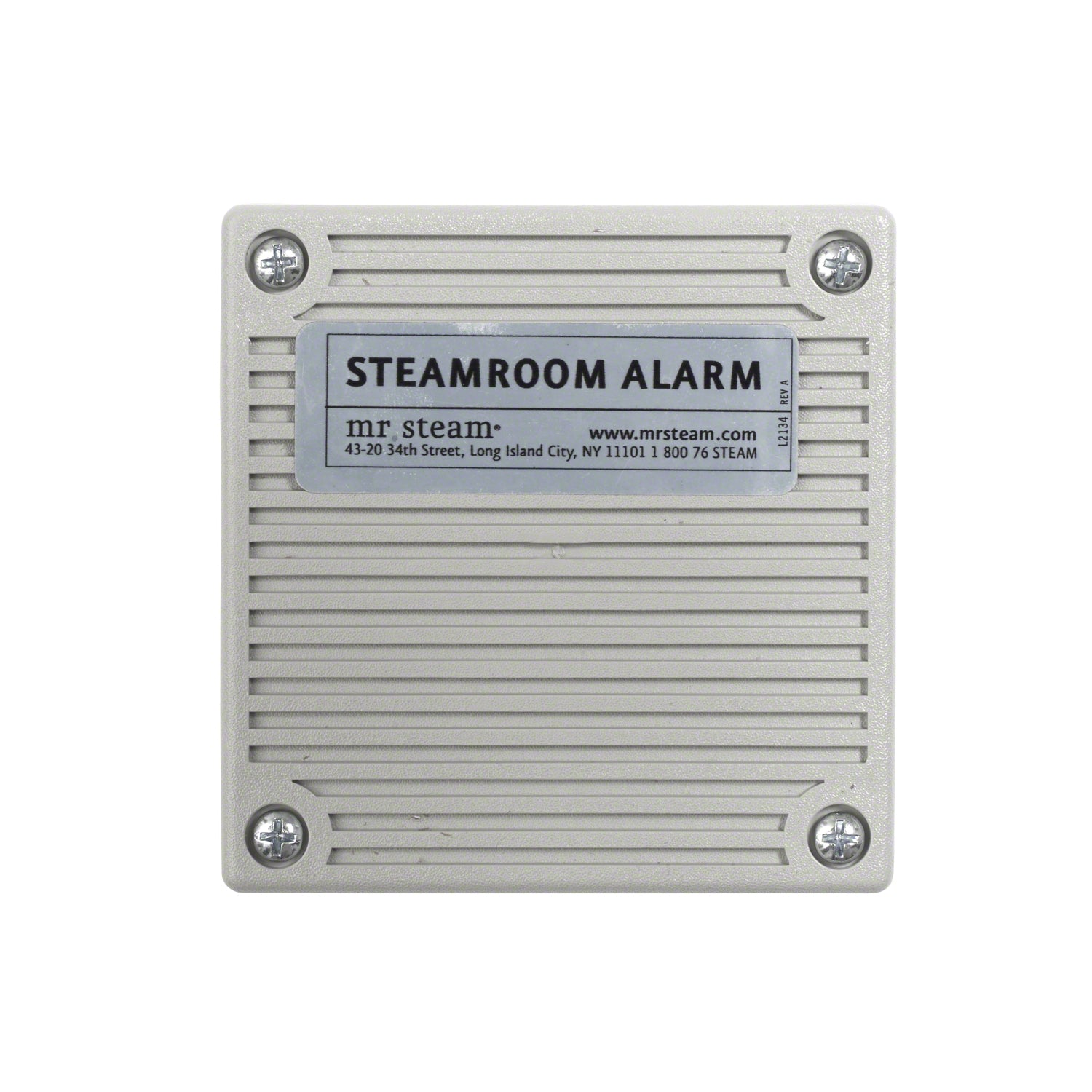 White square commercial steamroom alarm unit with horizontal louvers and four corner mounting screws.