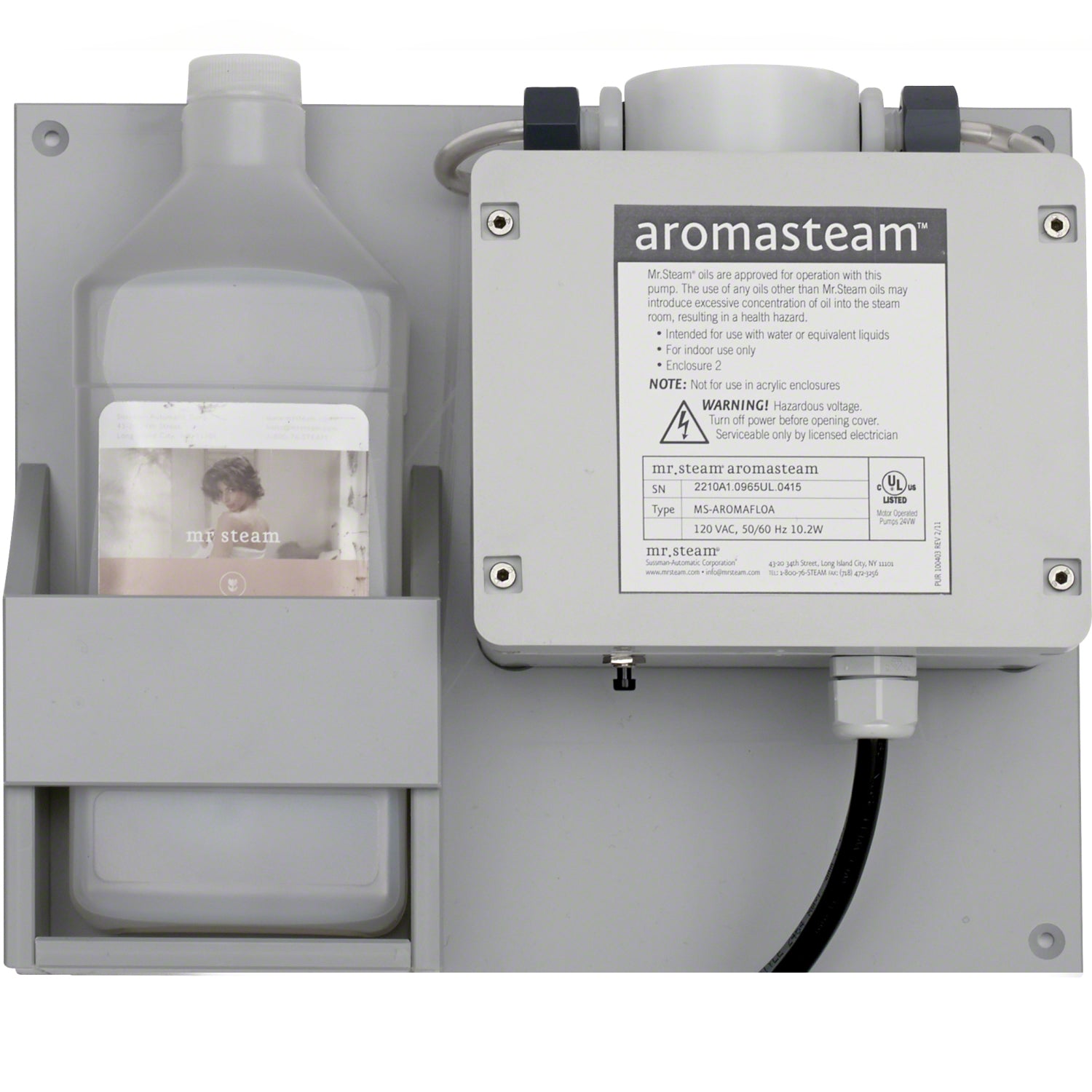Mr. Steam AromaFlo commercial aromasteam dispenser unit with control panel, reservoir, and black power cord.