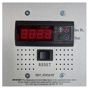 Mr. Steam commercial temperature control device with red digital display, control buttons, and reset switch mounted on white 