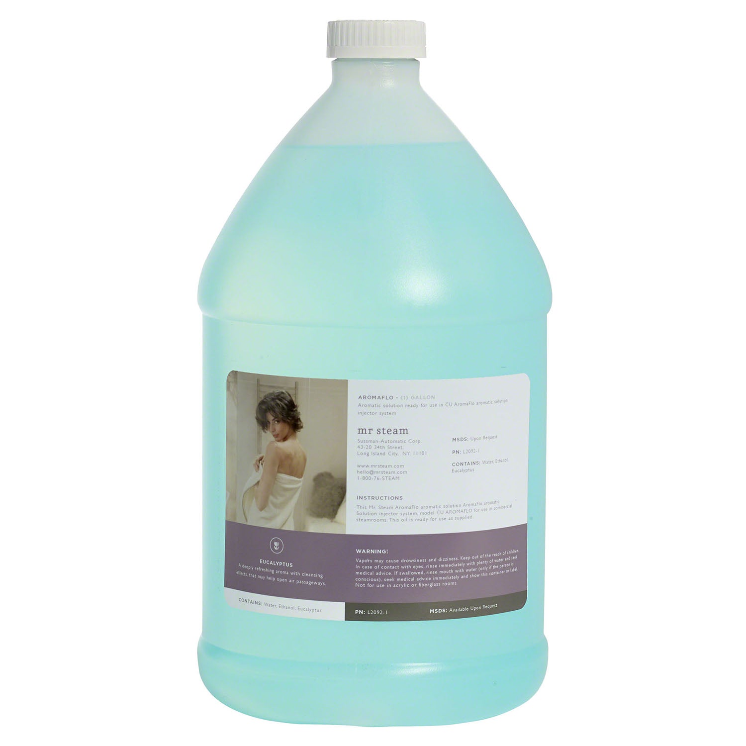 Clear plastic bottle filled with light blue-green lavender essential oil with white cap and product label.