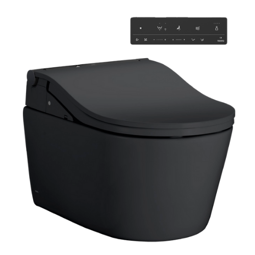 Matte black wall-mounted elongated washlet bidet seat with integrated tank and black control panel with function buttons.