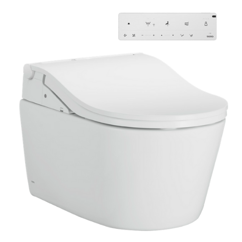 Matte white wall-hung elongated toilet with integrated bidet seat and control panel displaying various function buttons.