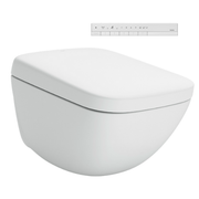 Matte white wall-hung toilet with integrated bidet seat and remote control panel with dual flush buttons.