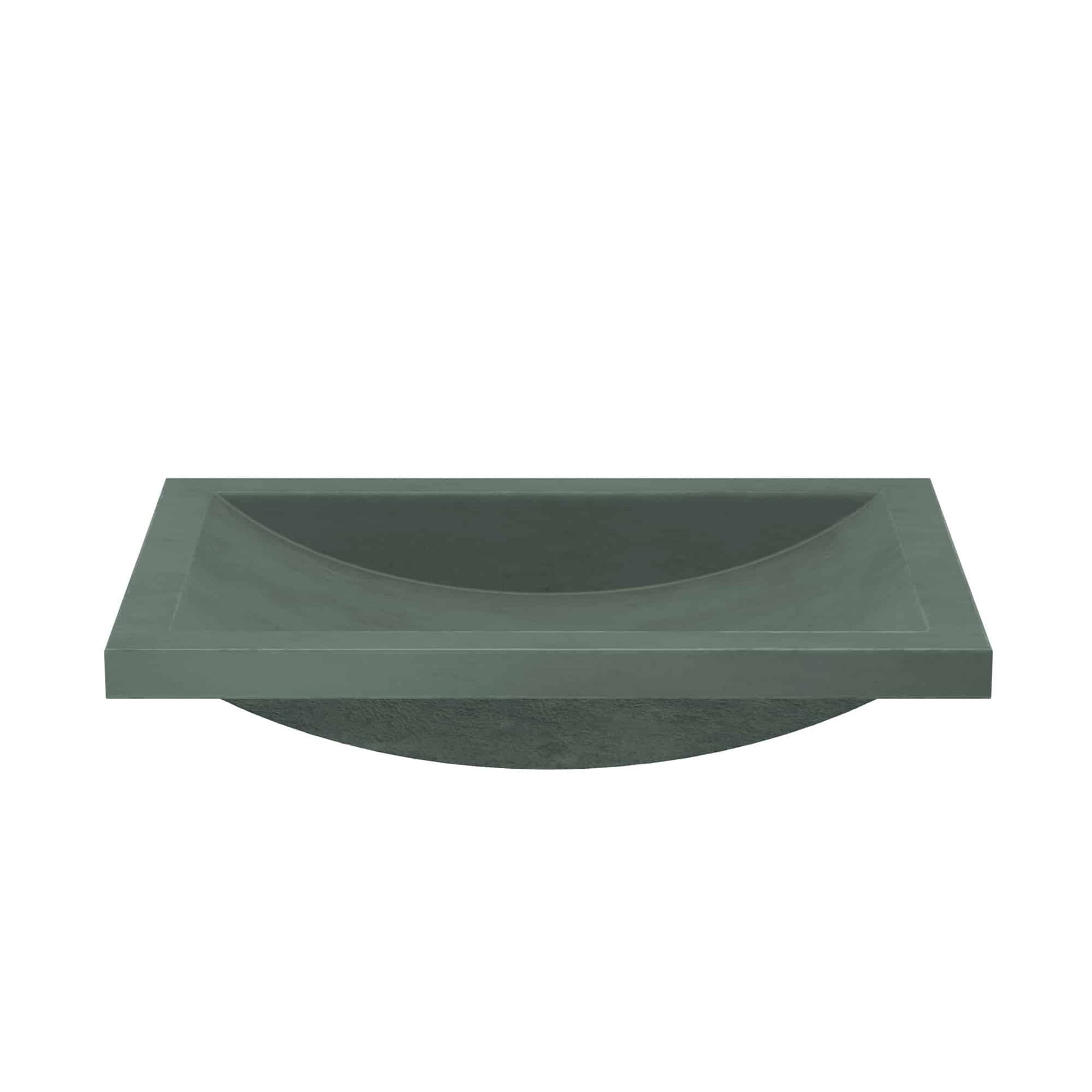 Forest green rectangular undermount bathroom sink with curved basin and smooth stone finish.