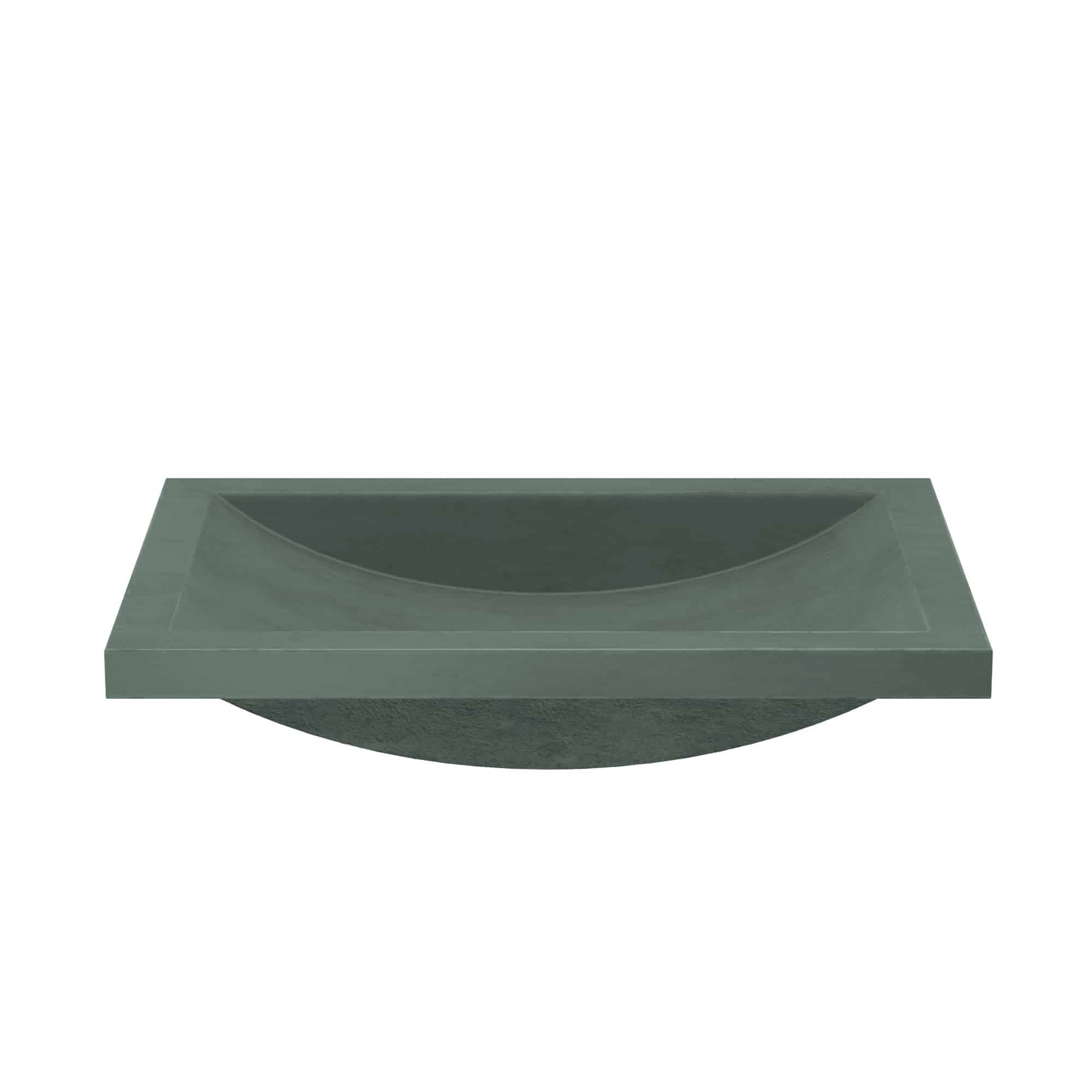 Forest green rectangular undermount bathroom sink with curved basin and smooth stone finish.