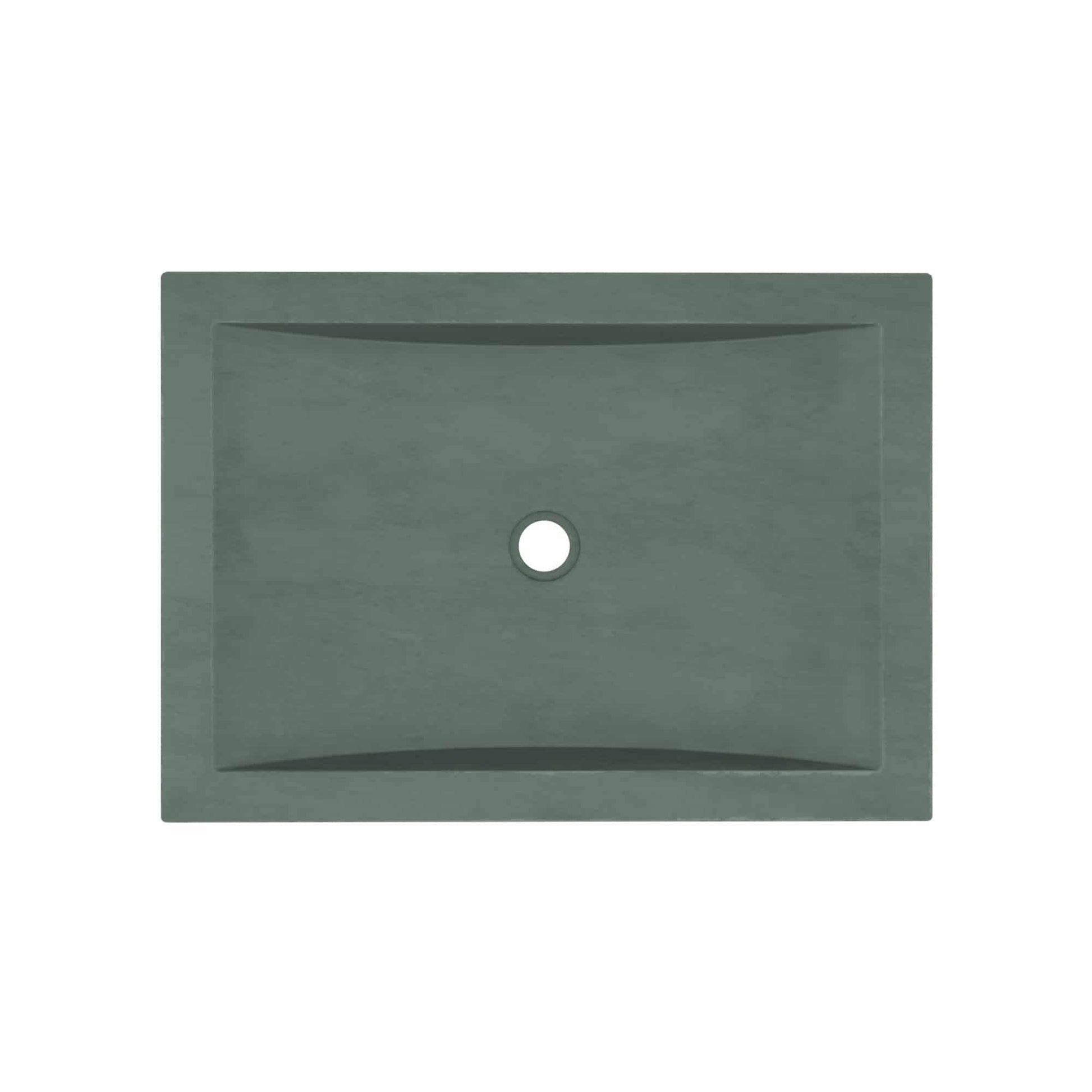 Forest green rectangular undermount sink with curved basin and single faucet hole.