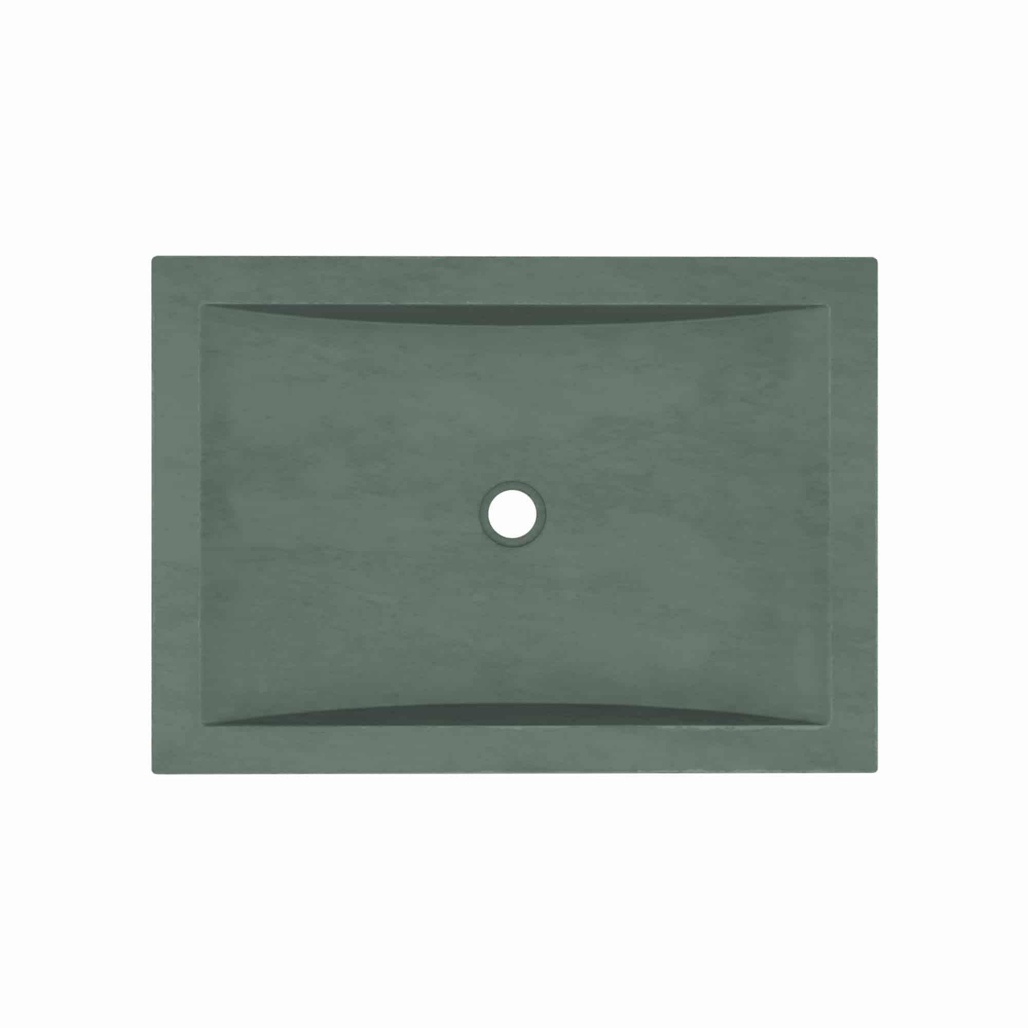 Forest green rectangular undermount sink with curved basin and single faucet hole.