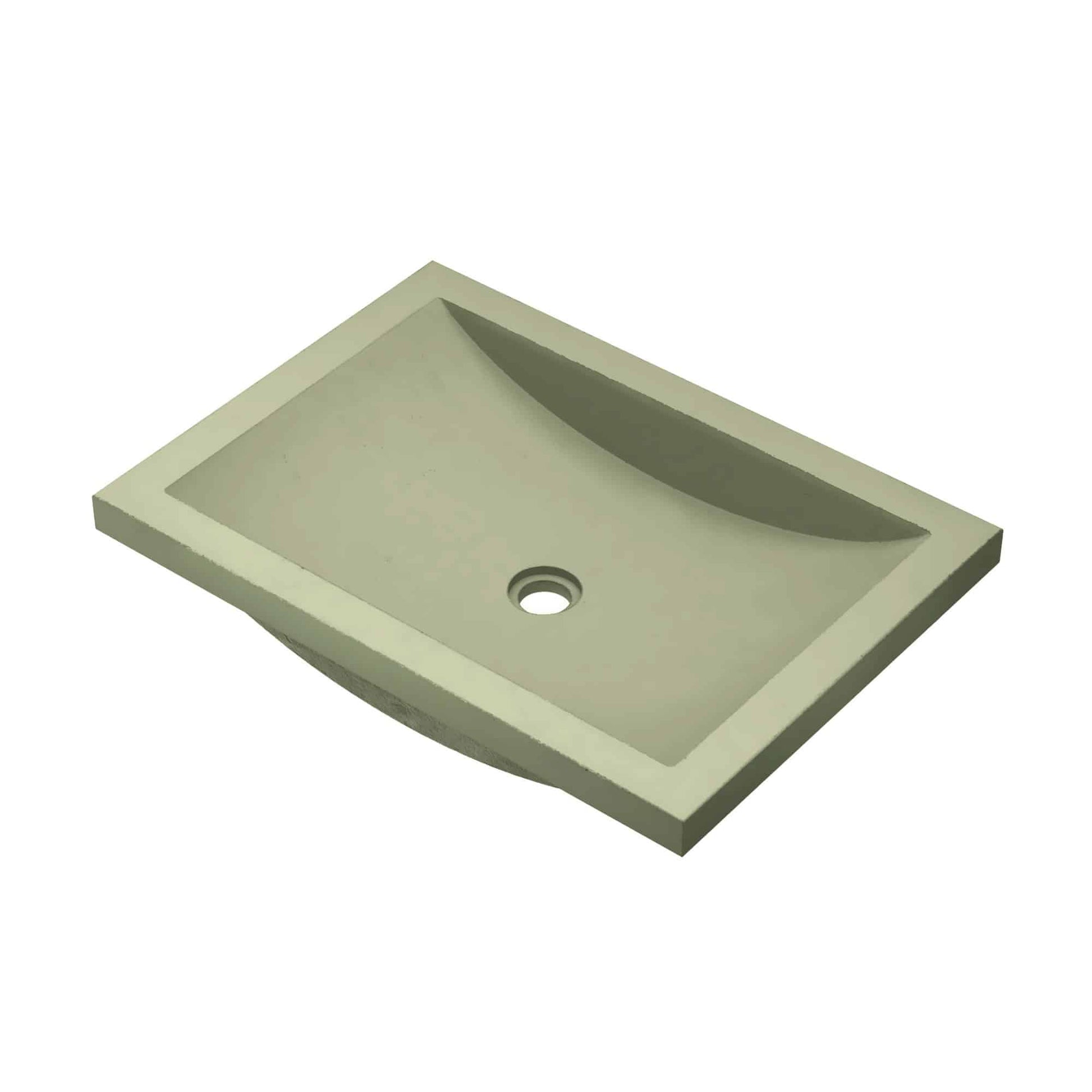 Sage-colored rectangular under-mount bathroom sink with curved basin and single faucet hole.