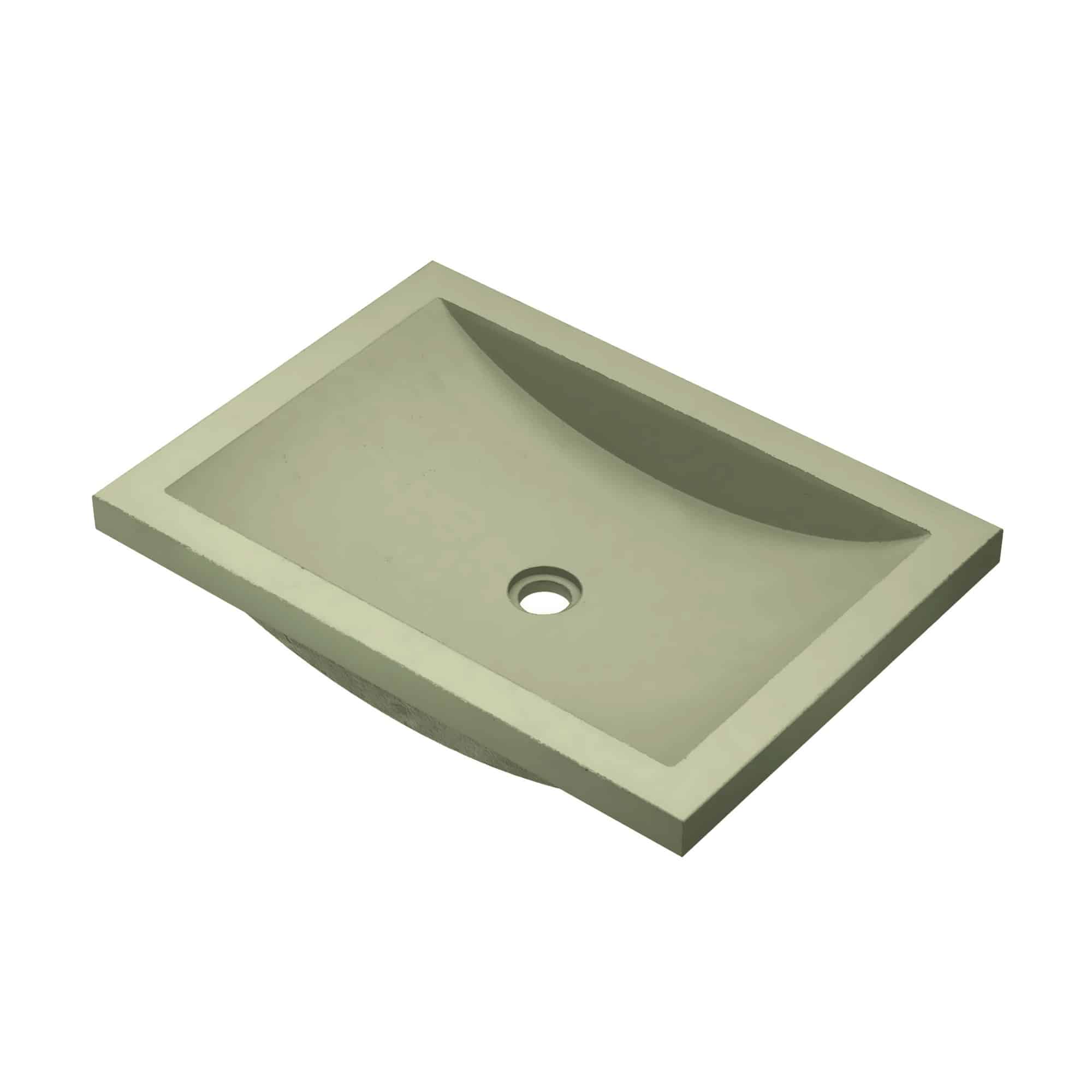 Sage-colored rectangular under-mount bathroom sink with curved basin and single faucet hole.