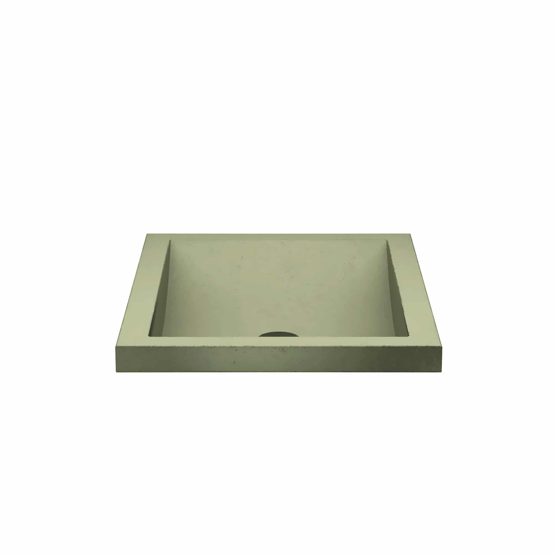 Sage-colored concrete rectangular sink with single basin and sloped interior walls.