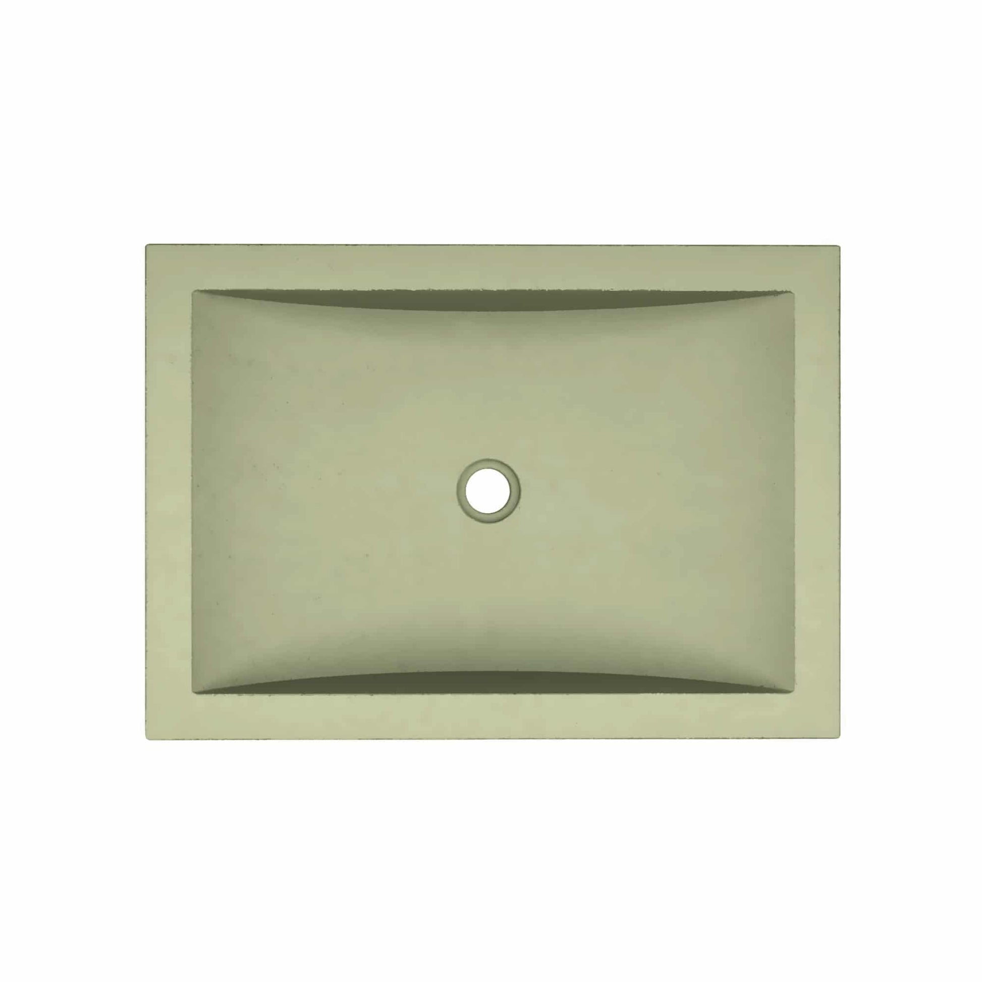 Rectangular sage-colored undermount sink with single drain hole and curved basin interior.