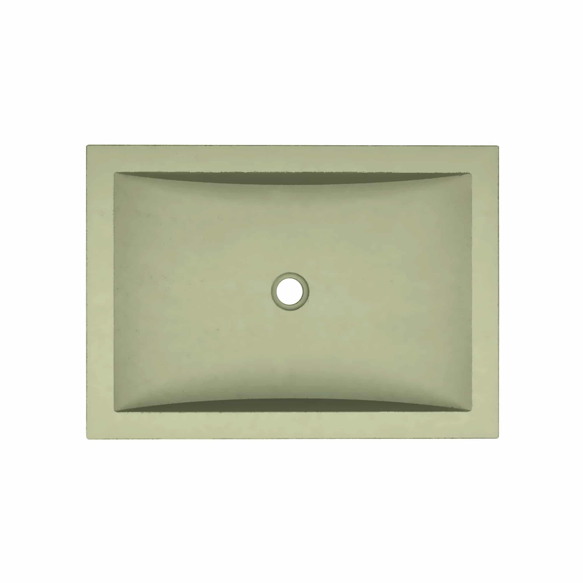 Rectangular sage-colored undermount sink with single drain hole and curved basin interior.